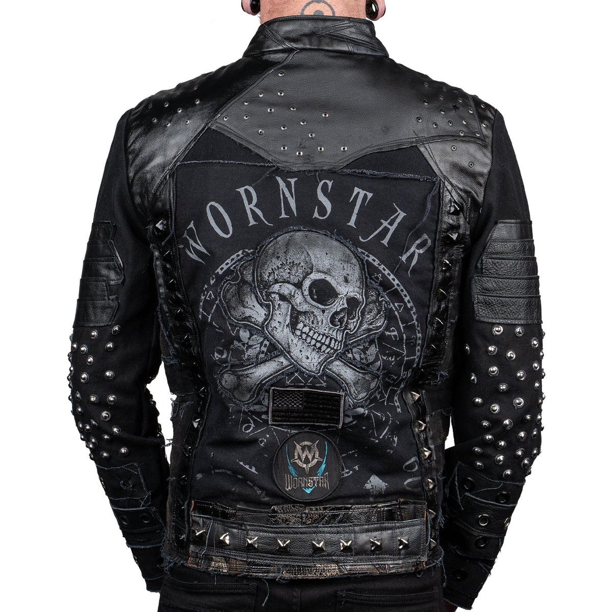 Wornstar Clothing mens custom jacket. Handmade custom denim and leather rock jacket. Rocker style black stretch denim custom made stage jacket.