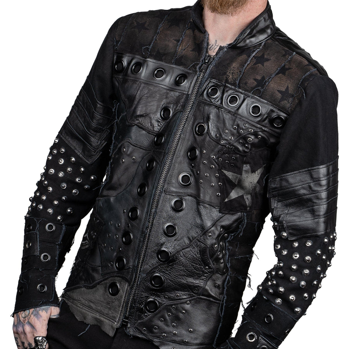 Wornstar Clothing mens custom jacket. Handmade custom denim and leather rock jacket. Rocker style black stretch denim custom made stage jacket.