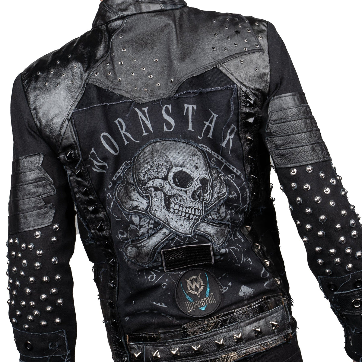 Wornstar Clothing mens custom jacket. Handmade custom denim and leather rock jacket. Rocker style black stretch denim custom made stage jacket.