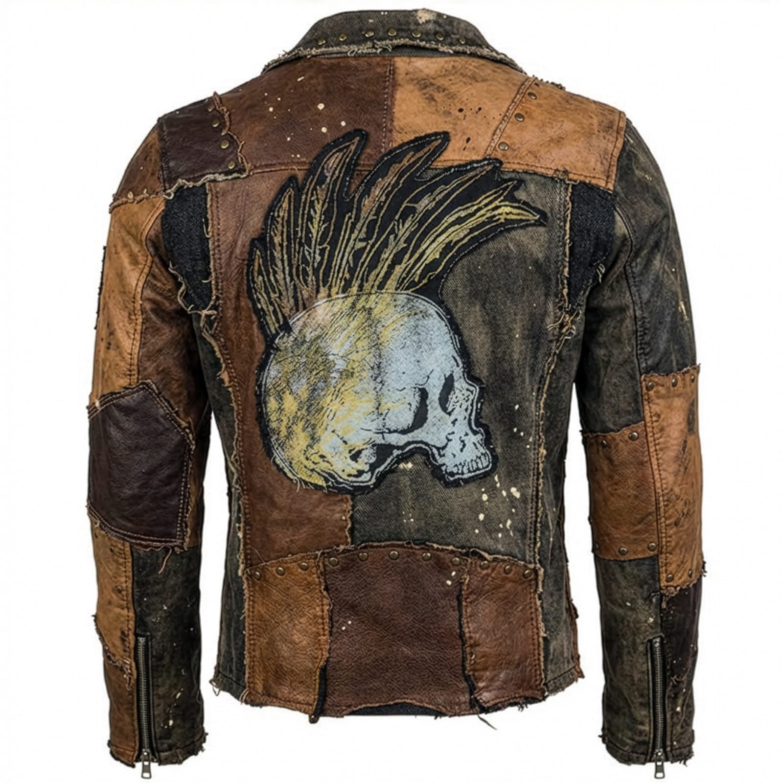 Custom Chop Shop Jacket Wornstar Custom Handmade Jacket - Brown Leather Patchwork Studded Moto