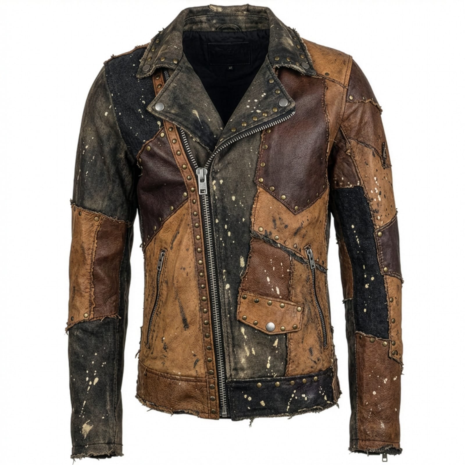 Custom Chop Shop Jacket Wornstar Custom Handmade Jacket - Brown Leather Patchwork Studded Moto
