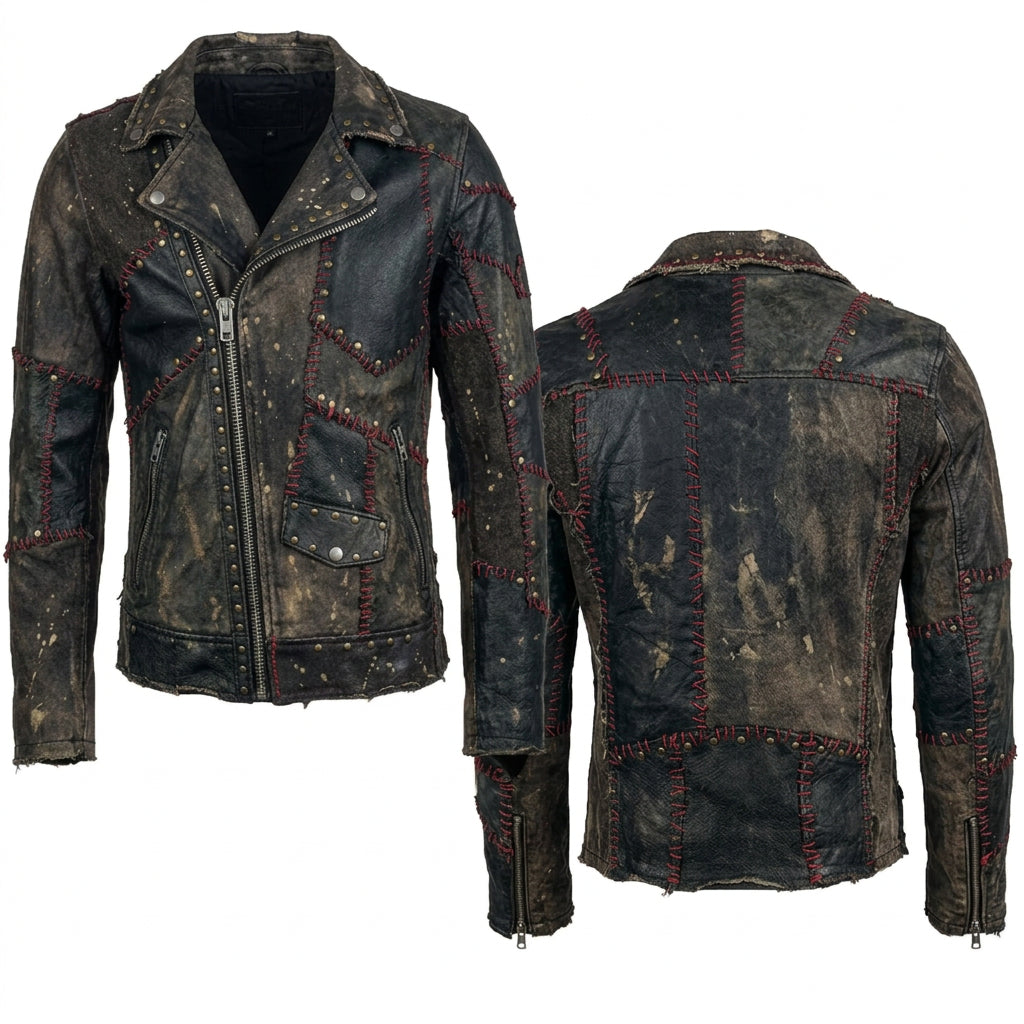 Custom Chop Shop Jacket Wornstar Custom Handmade Jacket - Brown Leather Patchwork Studded Moto