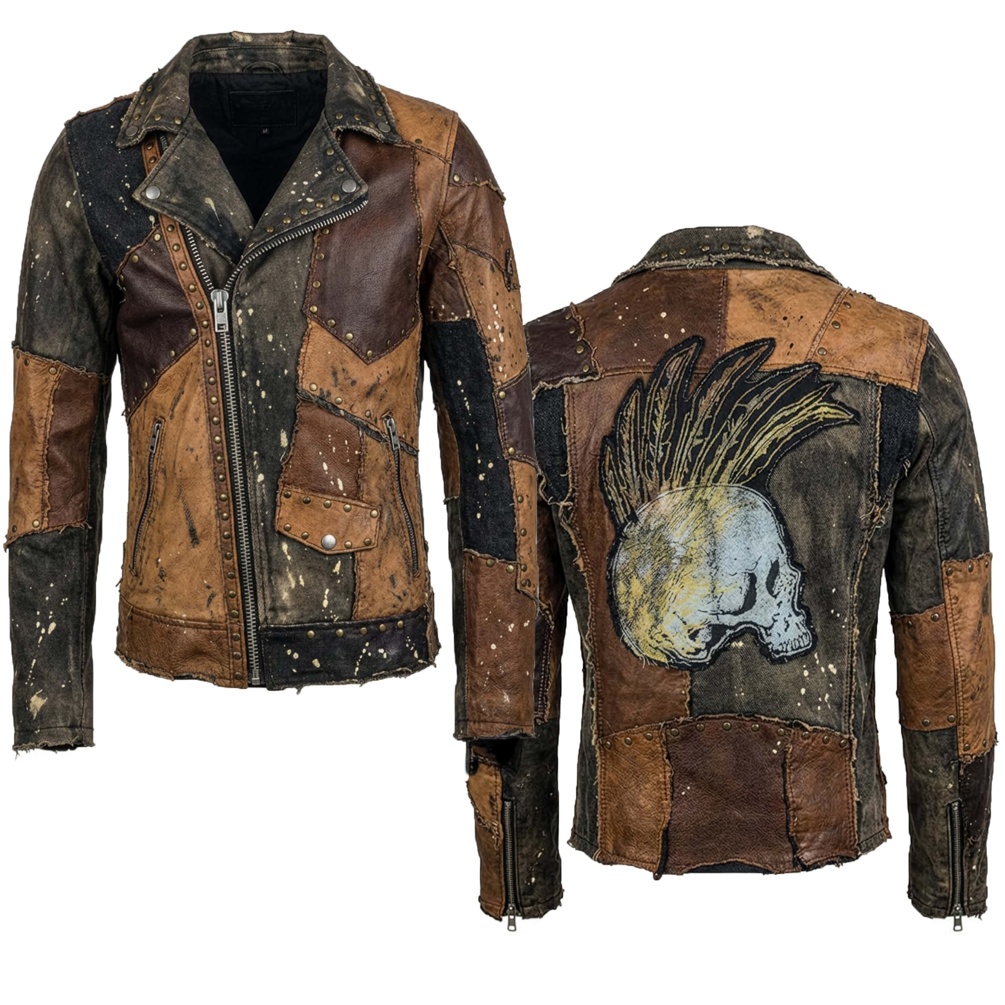 Custom Chop Shop Jacket Wornstar Custom Handmade Jacket - Brown Leather Patchwork Studded Moto