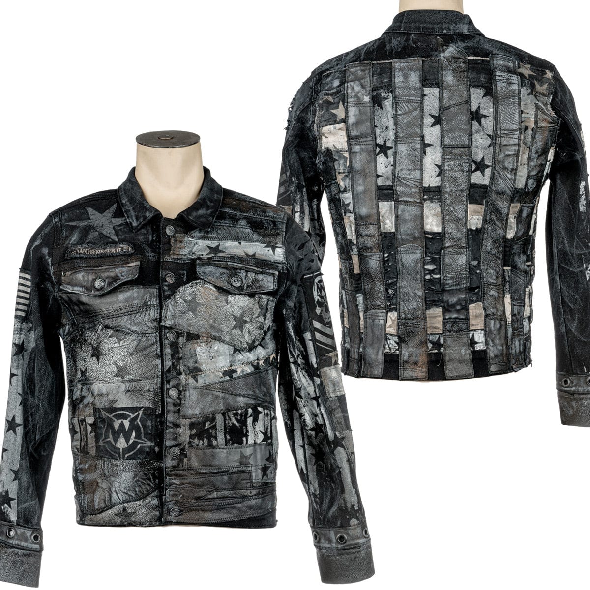 Wornstar Clothing mens custom jacket. Handmade custom denim and leather rock jacket. Rocker style black stretch denim custom made stage jacket.