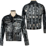Wornstar Clothing mens custom jacket. Handmade custom denim and leather rock jacket. Rocker style black stretch denim custom made stage jacket.