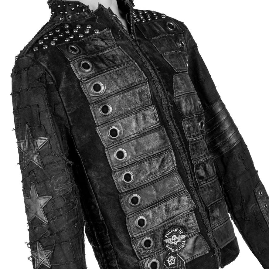 Wornstar Clothing mens custom jacket. Handmade custom denim and leather rock jacket. Rocker style black stretch denim custom made stage jacket.