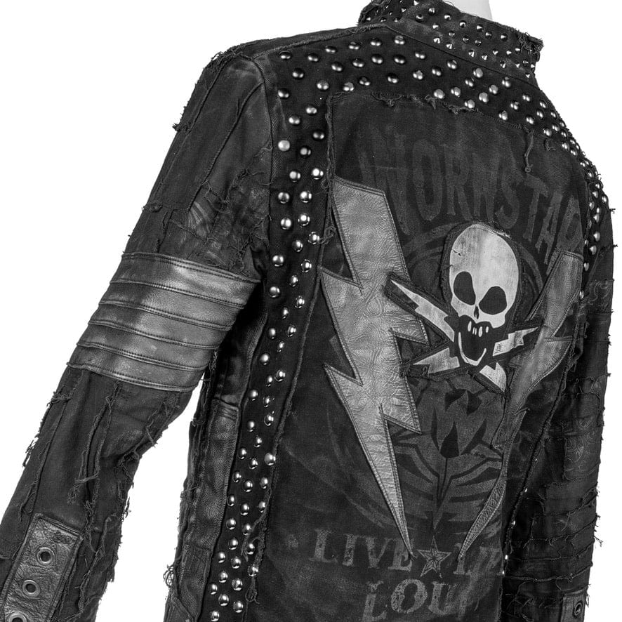 Wornstar Clothing mens custom jacket. Handmade custom denim and leather rock jacket. Rocker style black stretch denim custom made stage jacket.