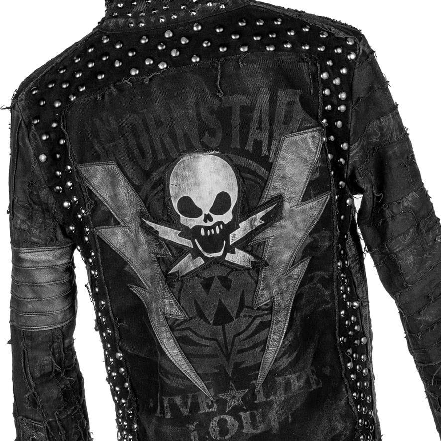 Wornstar Clothing mens custom jacket. Handmade custom denim and leather rock jacket. Rocker style black stretch denim custom made stage jacket.