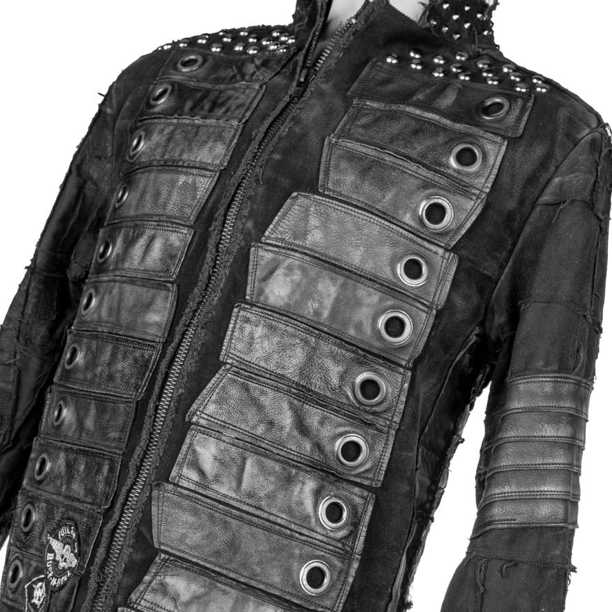 Wornstar Clothing mens custom jacket. Handmade custom denim and leather rock jacket. Rocker style black stretch denim custom made stage jacket.