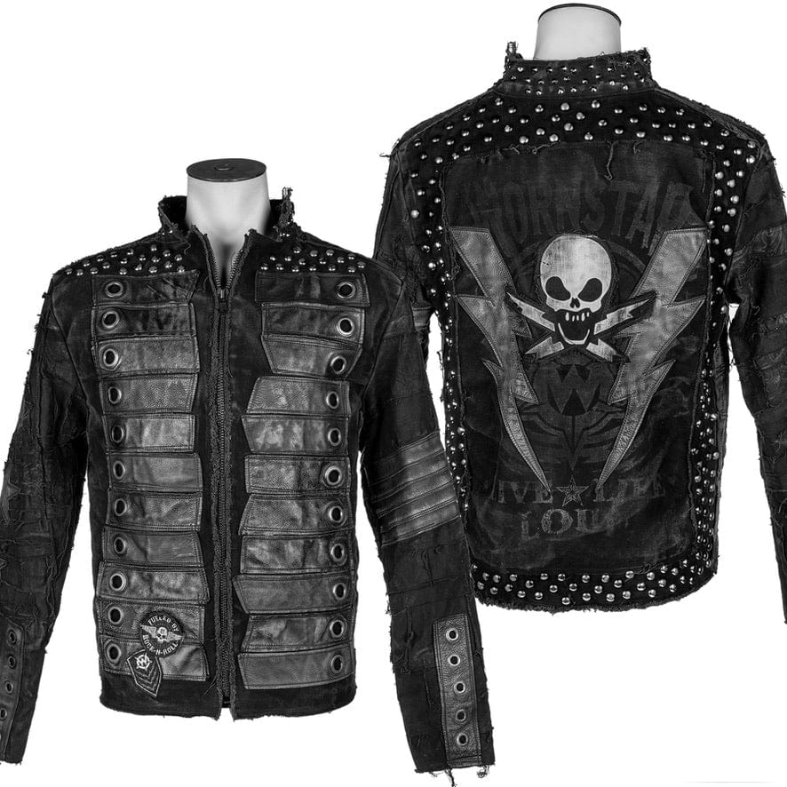 Wornstar Clothing mens custom jacket. Handmade custom denim and leather rock jacket. Rocker style black stretch denim custom made stage jacket.