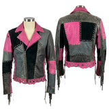 Custom Chop Shop Jacket Wornstar Custom Handmade Jacket - Pink and Gray Leather Patchwork Studded Moto