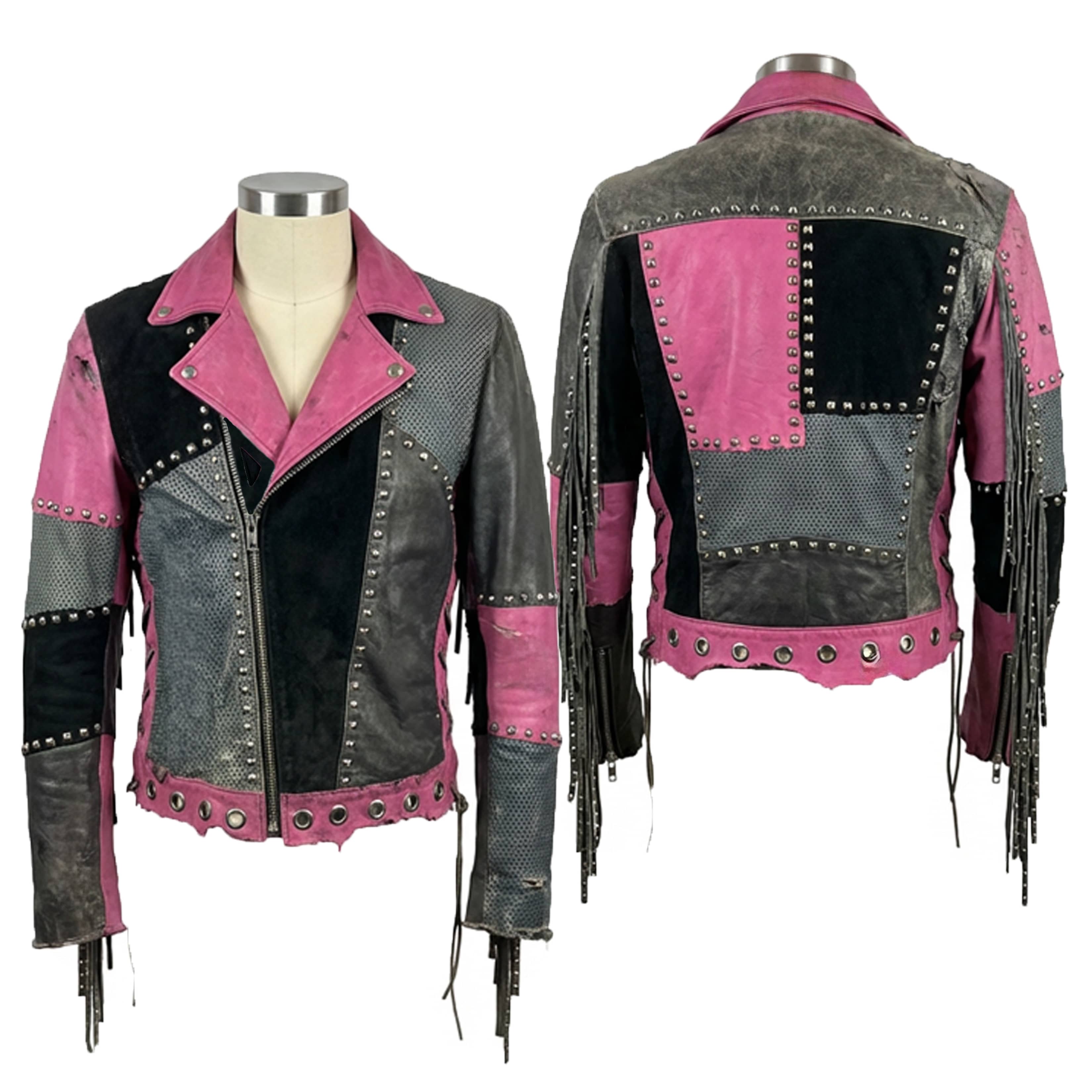 Custom Chop Shop Jacket Wornstar Custom Handmade Jacket - Pink and Gray Leather Patchwork Studded Moto