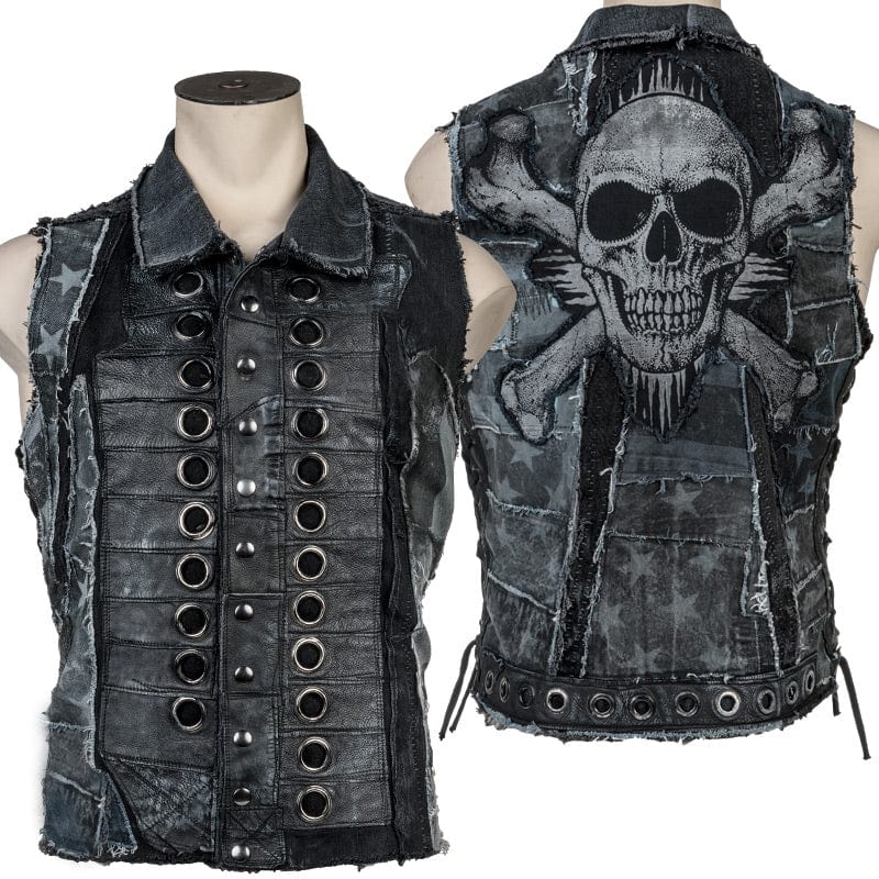 Wornstar Clothing men&#39;s custom vest. Handmade custom denim and leather rock vest. Rocker style black stretch denim custom-made stage vest.