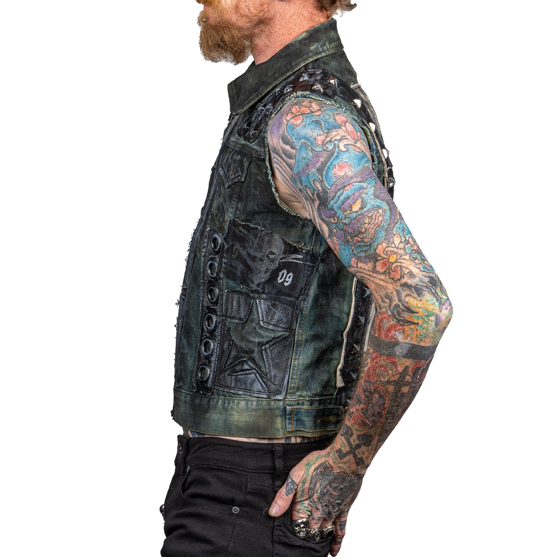 Wear It Loud & Proud! tm denim biker vest with custom patch work red &  black Rock n Roll Heavy Metal biker clothing shirt Rock n Roll GangStar