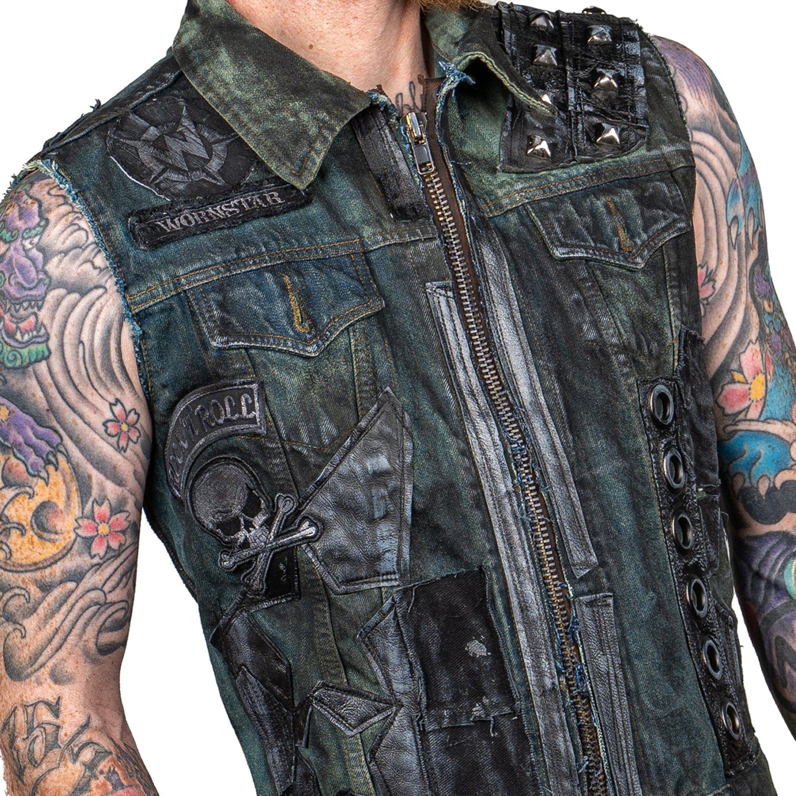 Wear It Loud & Proud! tm denim biker vest with custom patch work red &  black Rock n Roll Heavy Metal biker clothing shirt Rock n Roll GangStar