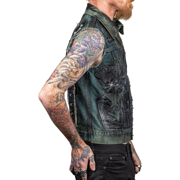 Wear It Loud & Proud! tm denim biker vest with custom patch work red &  black Rock n Roll Heavy Metal biker clothing shirt Rock n Roll GangStar