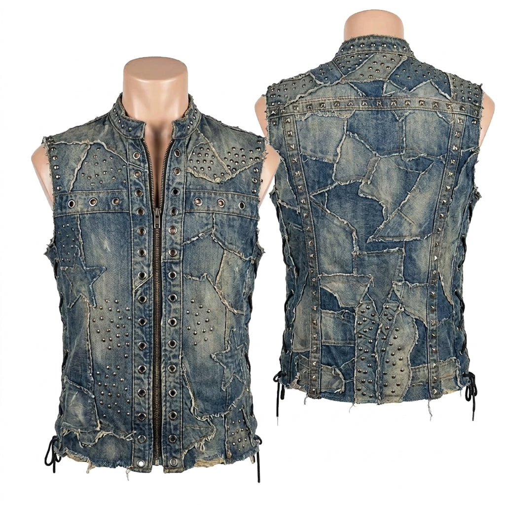 Custom Chop Shop Jacket Wornstar Custom Handmade Vest - Blue Jean Medley