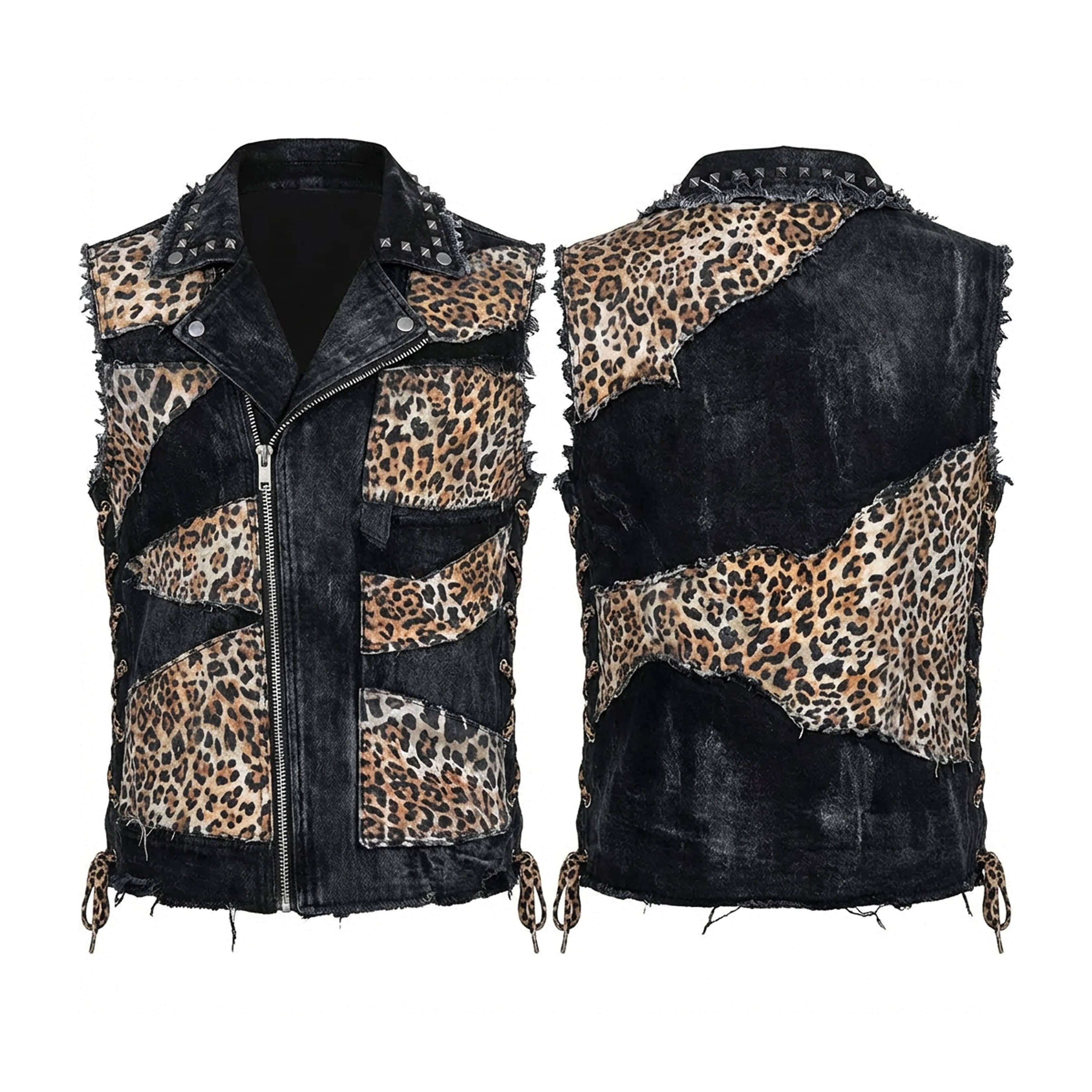 Custom Chop Shop Jacket Wornstar Custom Handmade Vest - Leopard Patchwork Moto