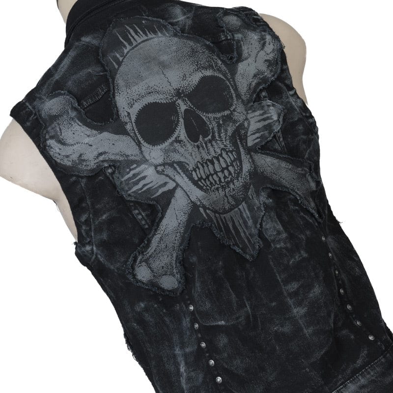 Wornstar Clothing men's custom vest. Handmade custom denim and leather rock vest. Rocker style black stretch denim custom-made stage vest.