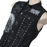 Wornstar Clothing men's custom vest. Handmade custom denim and leather rock vest. Rocker style black stretch denim custom-made stage vest.