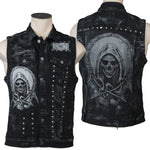 Wornstar Clothing men's custom vest. Handmade custom denim and leather rock vest. Rocker style black stretch denim custom-made stage vest.
