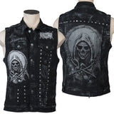 Wornstar Clothing men's custom vest. Handmade custom denim and leather rock vest. Rocker style black stretch denim custom-made stage vest.
