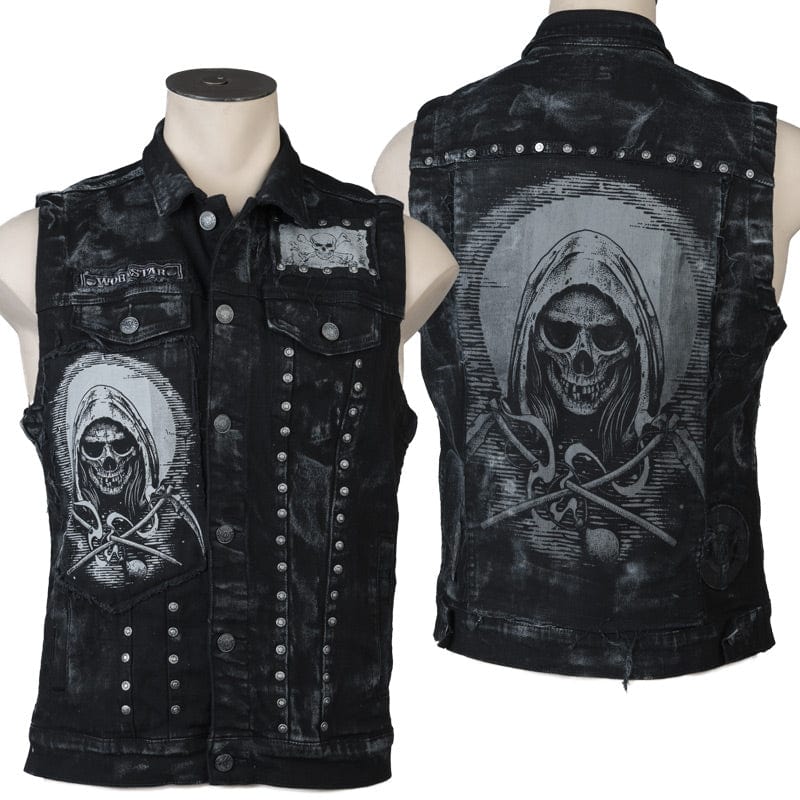Wornstar Clothing men's custom vest. Handmade custom denim and leather rock vest. Rocker style black stretch denim custom-made stage vest.