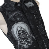 Wornstar Clothing men's custom vest. Handmade custom denim and leather rock vest. Rocker style black stretch denim custom-made stage vest.