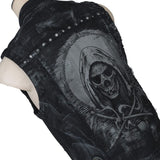 Wornstar Clothing men's custom vest. Handmade custom denim and leather rock vest. Rocker style black stretch denim custom-made stage vest.