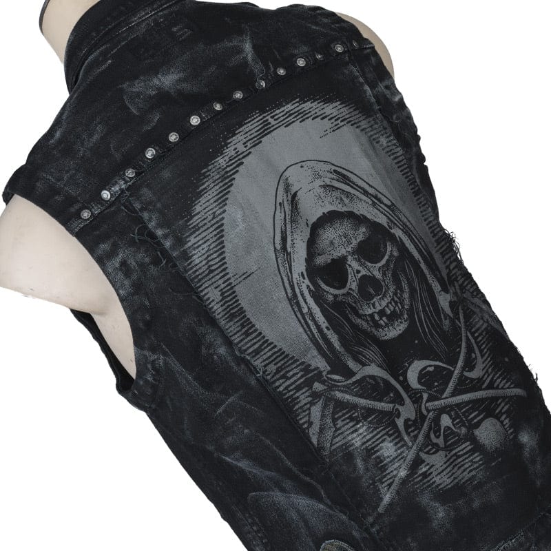 Wornstar Clothing men's custom vest. Handmade custom denim and leather rock vest. Rocker style black stretch denim custom-made stage vest.