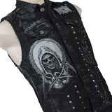 Wornstar Clothing men's custom vest. Handmade custom denim and leather rock vest. Rocker style black stretch denim custom-made stage vest.