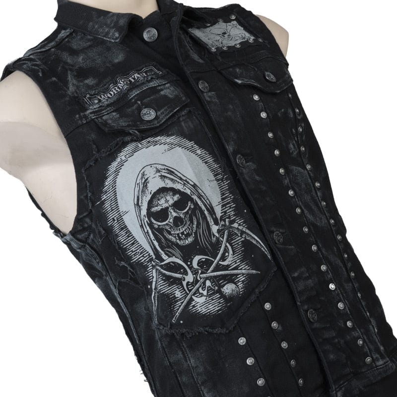 Wornstar Clothing men's custom vest. Handmade custom denim and leather rock vest. Rocker style black stretch denim custom-made stage vest.