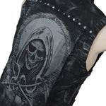 Wornstar Clothing men's custom vest. Handmade custom denim and leather rock vest. Rocker style black stretch denim custom-made stage vest.