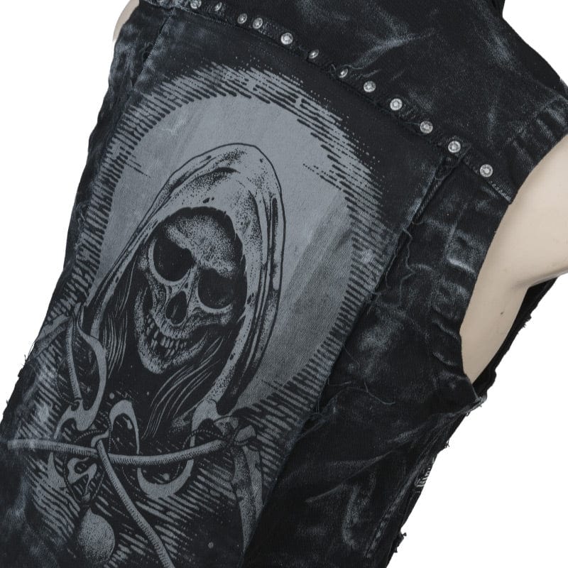 Wornstar Clothing men's custom vest. Handmade custom denim and leather rock vest. Rocker style black stretch denim custom-made stage vest.