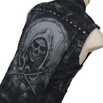 Wornstar Clothing men's custom vest. Handmade custom denim and leather rock vest. Rocker style black stretch denim custom-made stage vest.