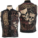 Wornstar Clothing men's custom vest. Handmade custom denim and leather rock vest. Rocker style black stretch denim custom-made stage vest.