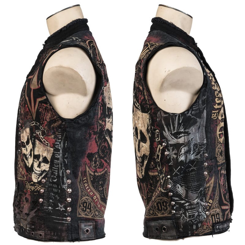 Wornstar Clothing men's custom vest. Handmade custom denim and leather rock vest. Rocker style black stretch denim custom-made stage vest.