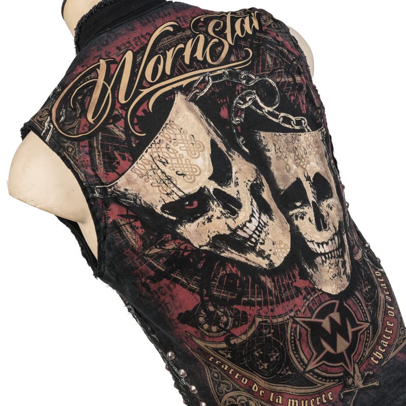 Wornstar Clothing men's custom vest. Handmade custom denim and leather rock vest. Rocker style black stretch denim custom-made stage vest.