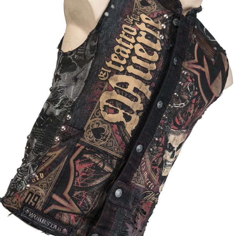 Wornstar Clothing men's custom vest. Handmade custom denim and leather rock vest. Rocker style black stretch denim custom-made stage vest.