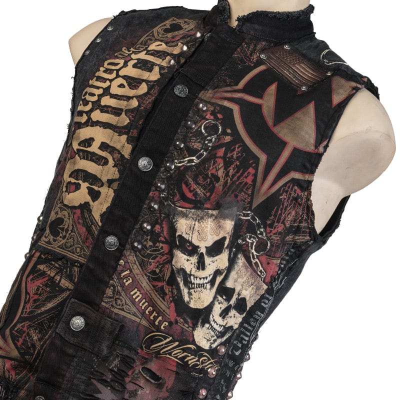 Wornstar Clothing men's custom vest. Handmade custom denim and leather rock vest. Rocker style black stretch denim custom-made stage vest.