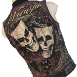 Wornstar Clothing men's custom vest. Handmade custom denim and leather rock vest. Rocker style black stretch denim custom-made stage vest.