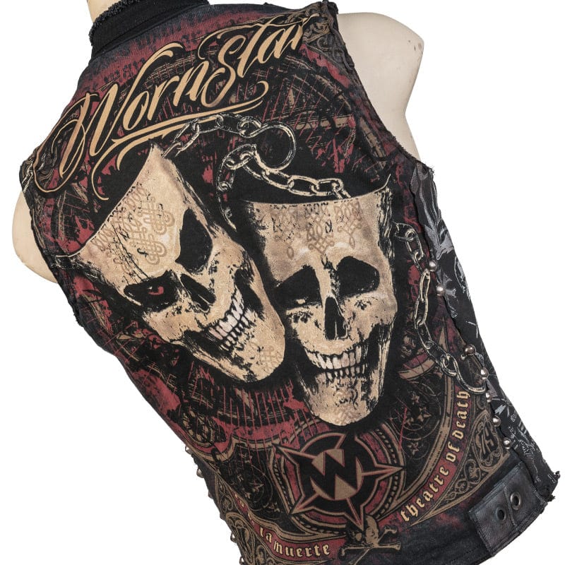 Wornstar Clothing men's custom vest. Handmade custom denim and leather rock vest. Rocker style black stretch denim custom-made stage vest.