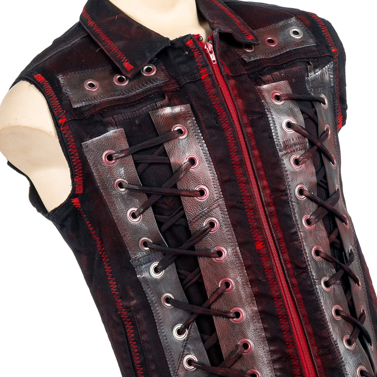 Custom Chop Shop Jacket Wornstar Custom Handmade Vest - Red Spine