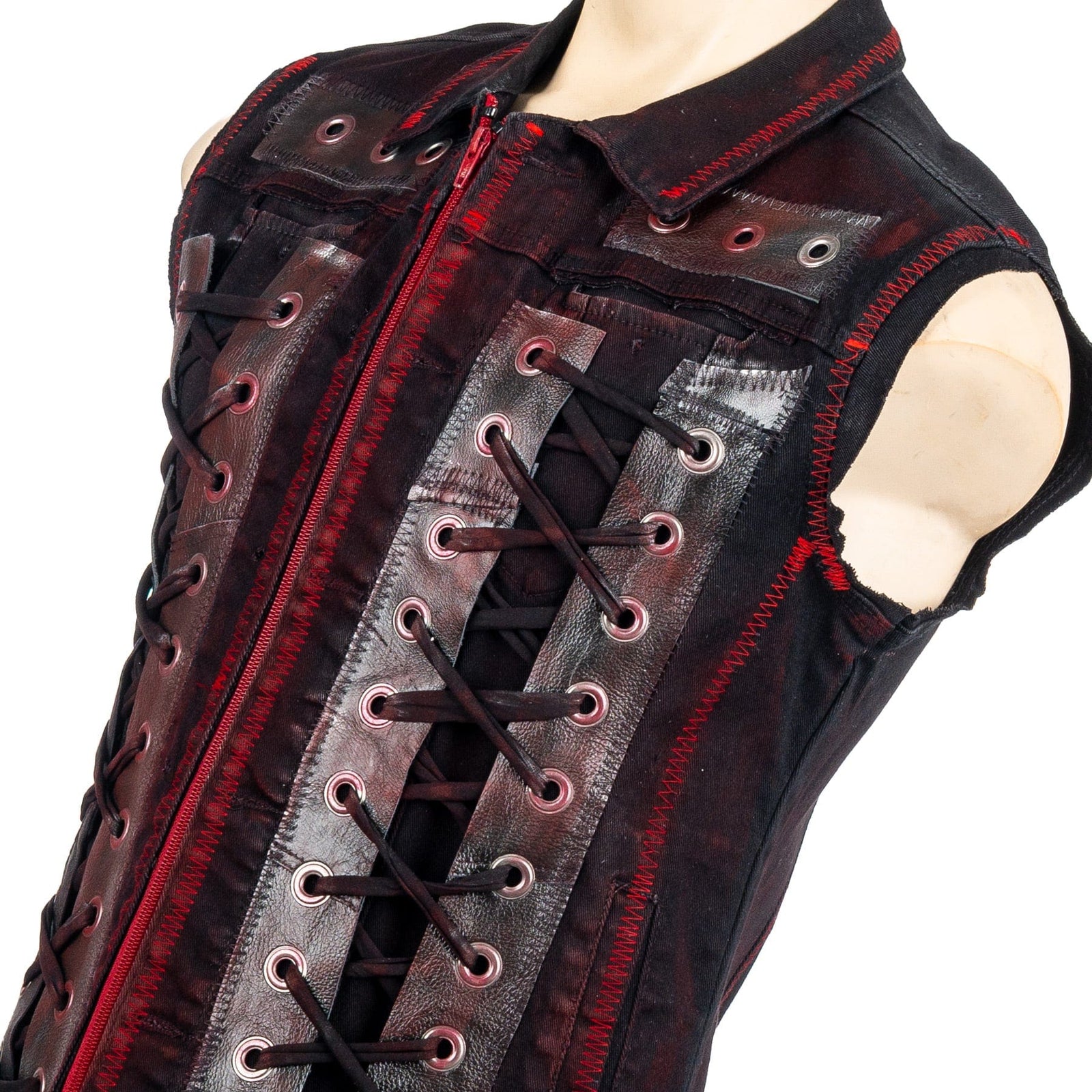 Custom Chop Shop Jacket Wornstar Custom Handmade Vest - Red Spine