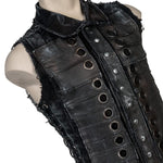 Wornstar Clothing men's custom vest. Handmade custom denim and leather rock vest. Rocker style black stretch denim custom-made stage vest.