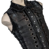 Wornstar Clothing men's custom vest. Handmade custom denim and leather rock vest. Rocker style black stretch denim custom-made stage vest.