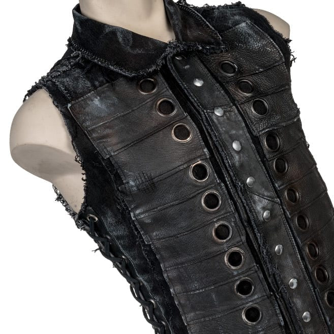 Wornstar Clothing men's custom vest. Handmade custom denim and leather rock vest. Rocker style black stretch denim custom-made stage vest.