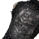 Wornstar Clothing men's custom vest. Handmade custom denim and leather rock vest. Rocker style black stretch denim custom-made stage vest.