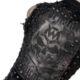 Wornstar Clothing men's custom vest. Handmade custom denim and leather rock vest. Rocker style black stretch denim custom-made stage vest.