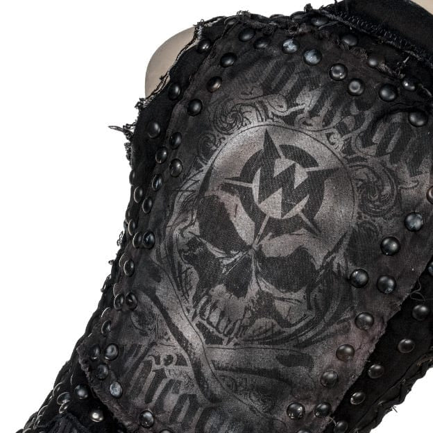 Wornstar Clothing men's custom vest. Handmade custom denim and leather rock vest. Rocker style black stretch denim custom-made stage vest.